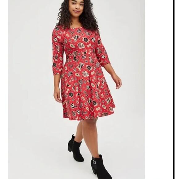 Torrid Womens Mermaid Tattoo Dress Plus Size 3X  Red Goth Skull Roses Halloween - Picture 1 of 4